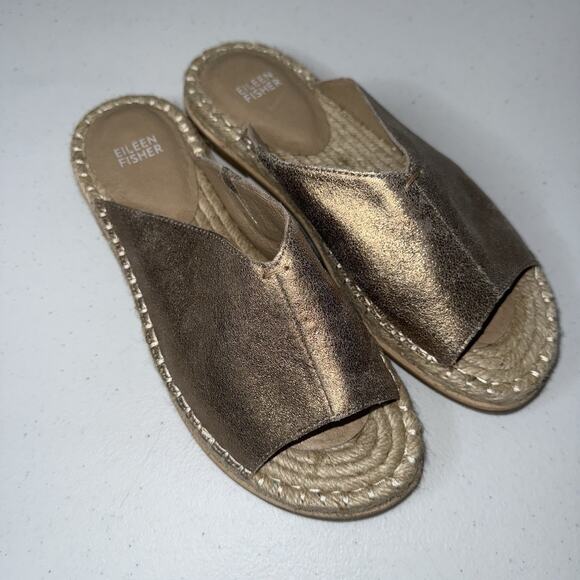 Eileen Fisher Milly Metallic Suede Espadrille Sandal Gold Size 8.5 Fits Like 7.5 - Picture 1 of 5